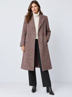 Ann Taylor Herringbone Double Breasted Long Coat in Plum Herringbone size L